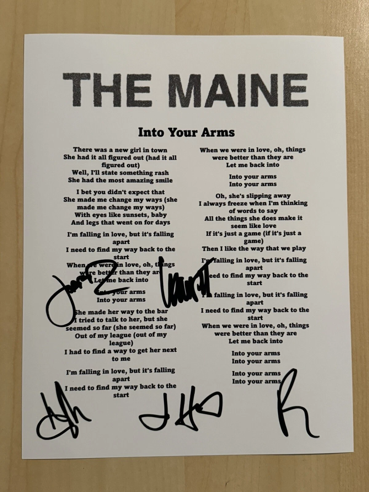 THE MAINE FULL BAND SIGNED LYRIC SHEET AUTOGRAPHED JOHN O’CALLAGHAN RARE COA
