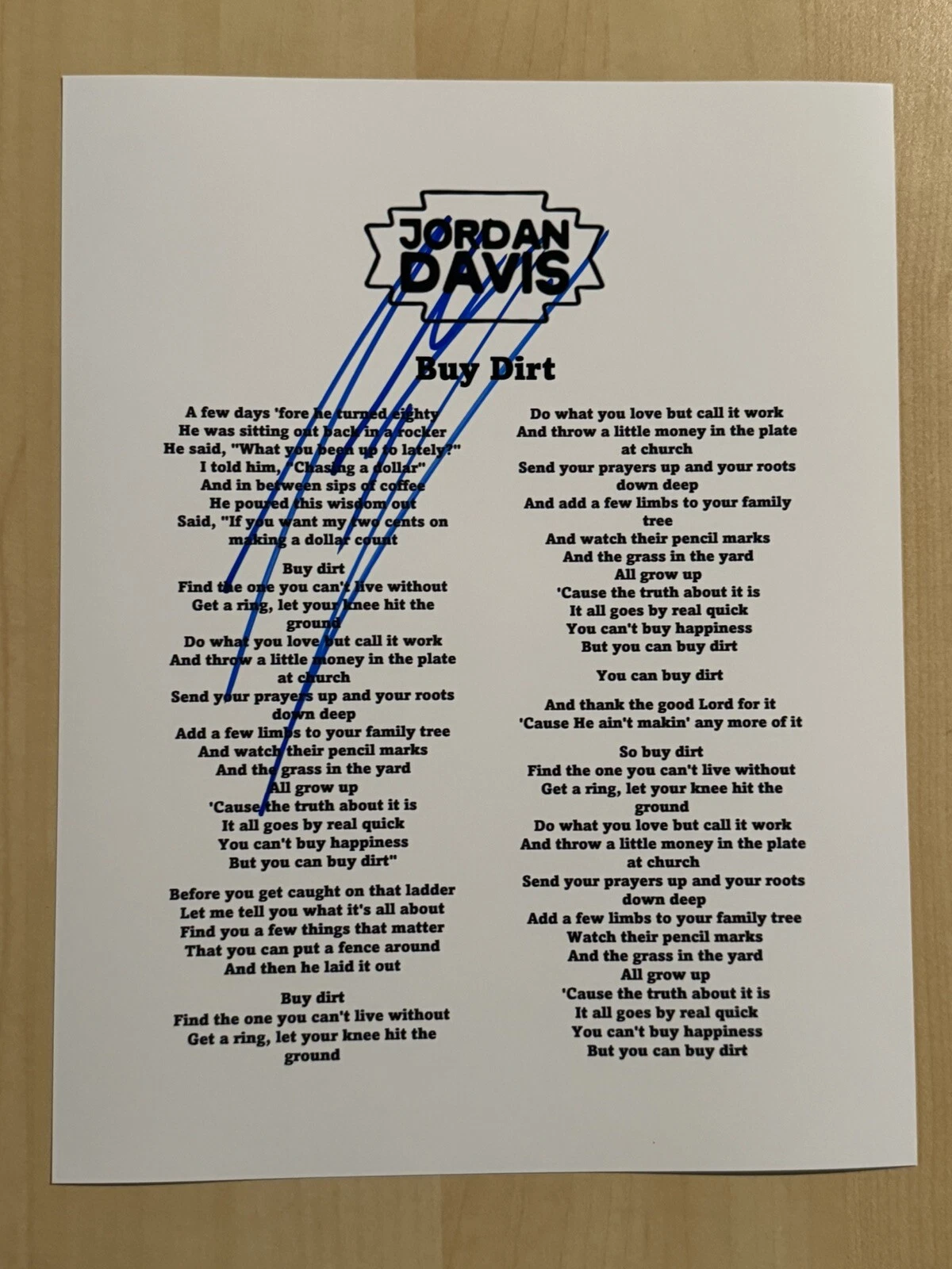 JORDAN DAVIS SIGNED LYRIC SHEET AUTOGRAPHED COUNTRY SINGER STAR RARE COA