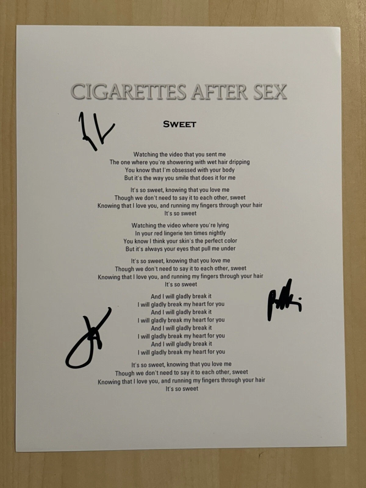CIGARETTES AFTER SEX FULL BAND SIGNED LYRIC SHEET AUTOGRAPHED GREG GONZALEZ COA