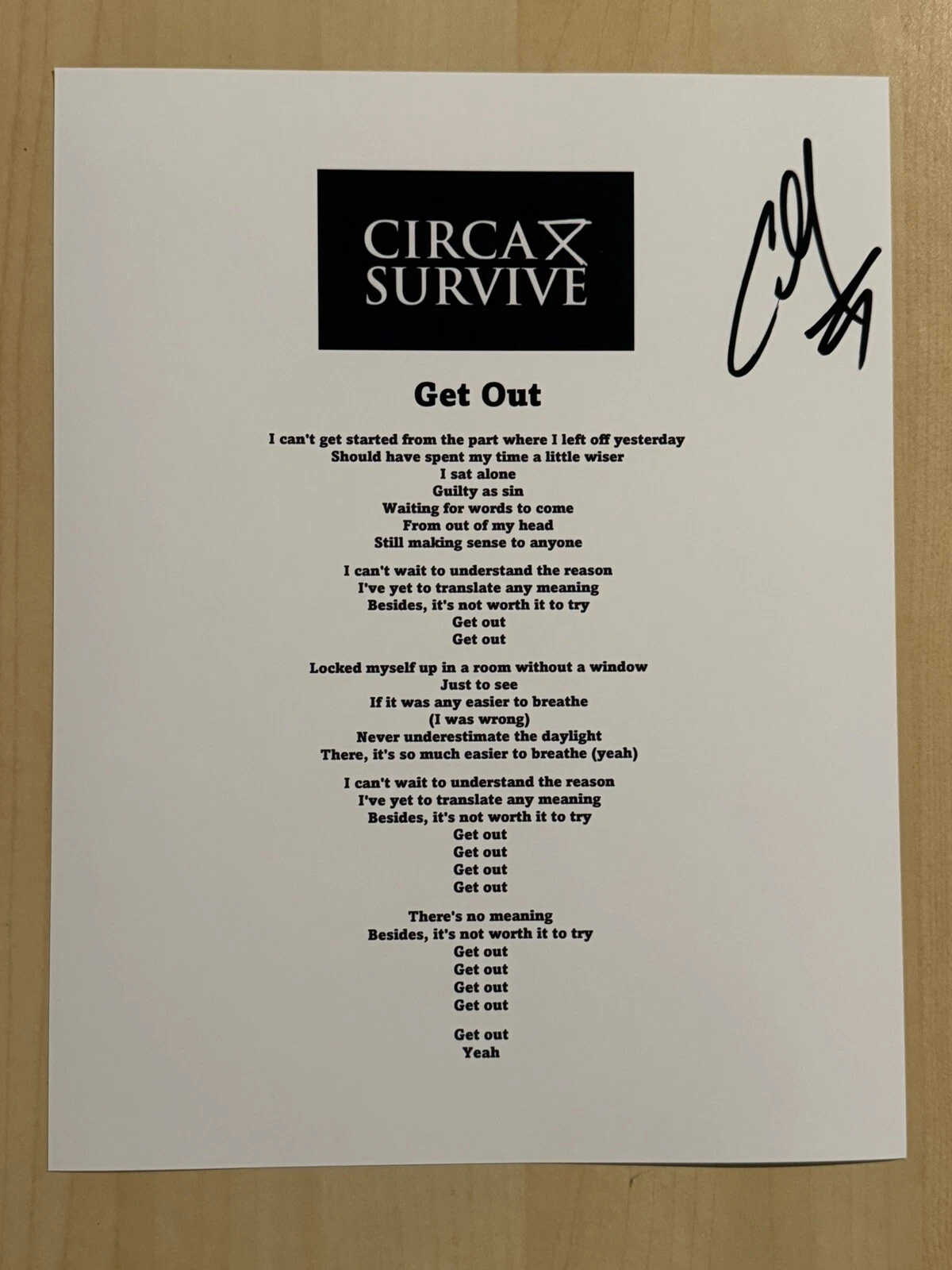 ANTHONY GREEN SIGNED LYRIC SHEET AUTOGRAPHED CIRCA SURVIVE BAND LEAD SINGER COA