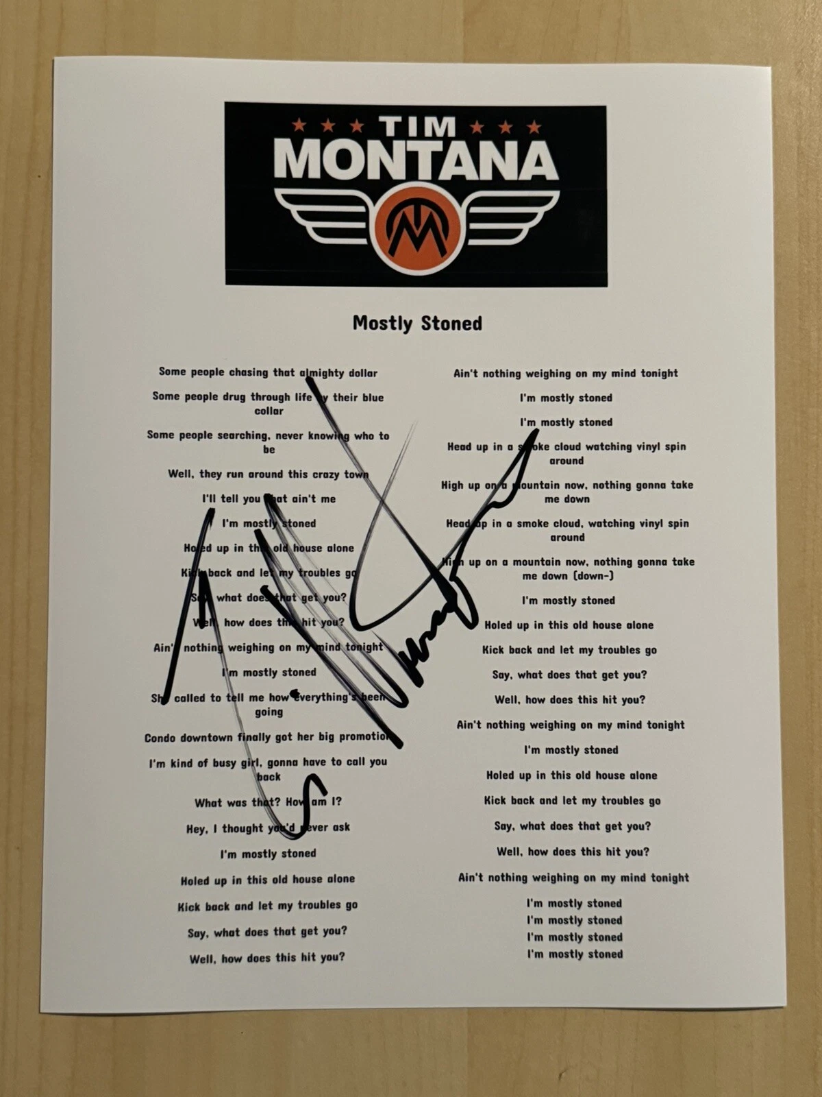 TIM MONTANA SIGNED LYRIC SHEET AUTOGRAPHED COUNTRY ROCK SINGER STAR RARE COA