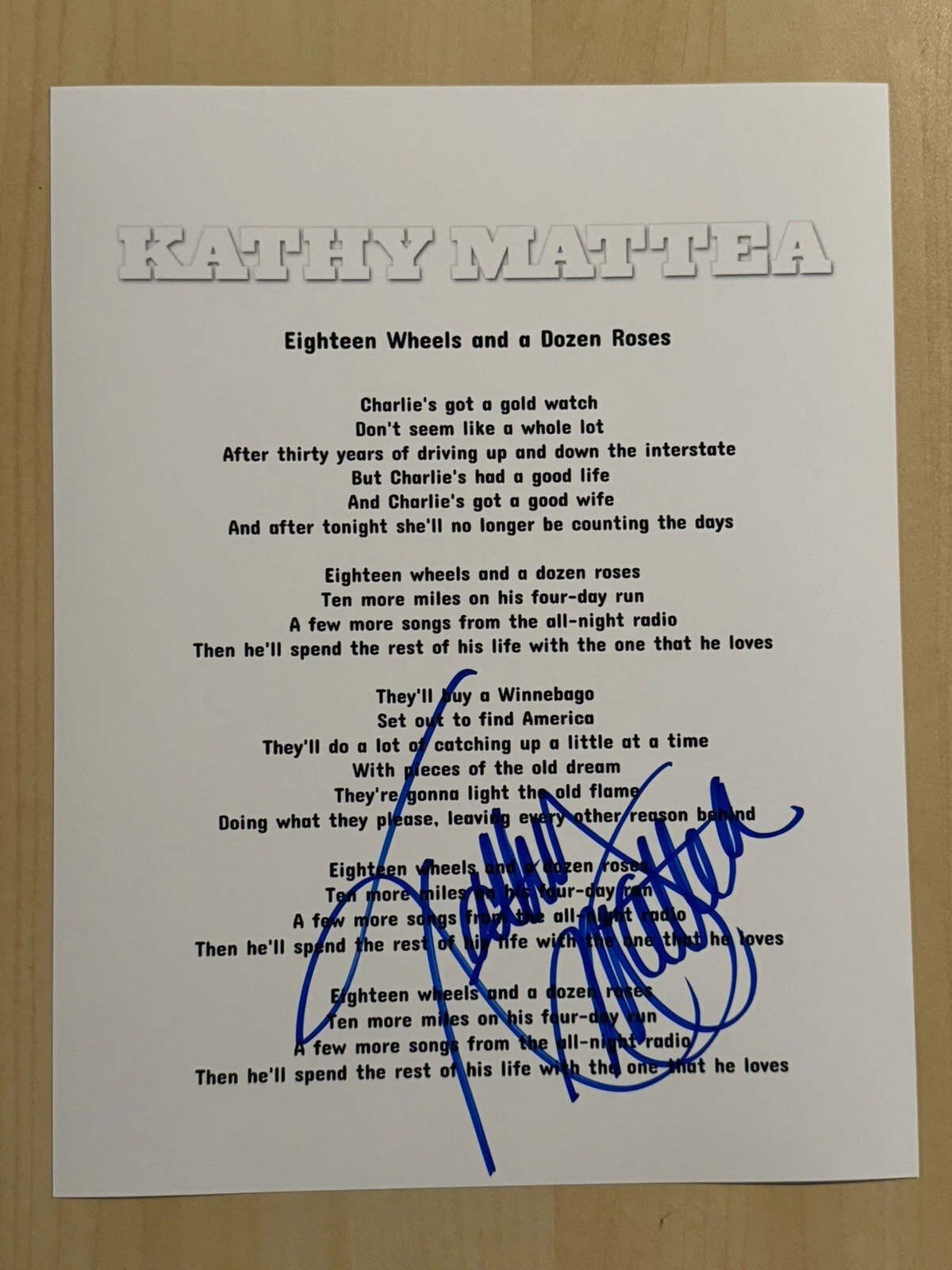 KATHY MATTEA SIGNED LYRIC SHEET AUTOGRAPHED COUNTRY SINGER LEGEND VERY RARE COA