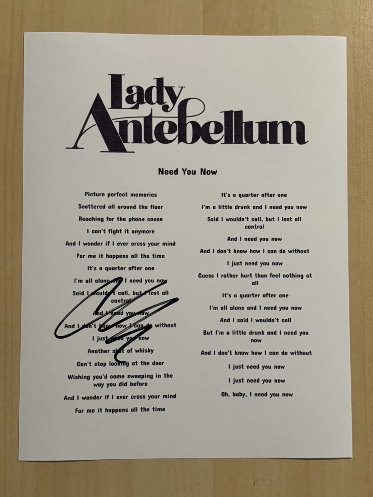 CHARLES KELLEY SIGNED LYRIC SHEET AUTOGRAPHED COUNTRY LADY ANTEBELLUM LADY A COA