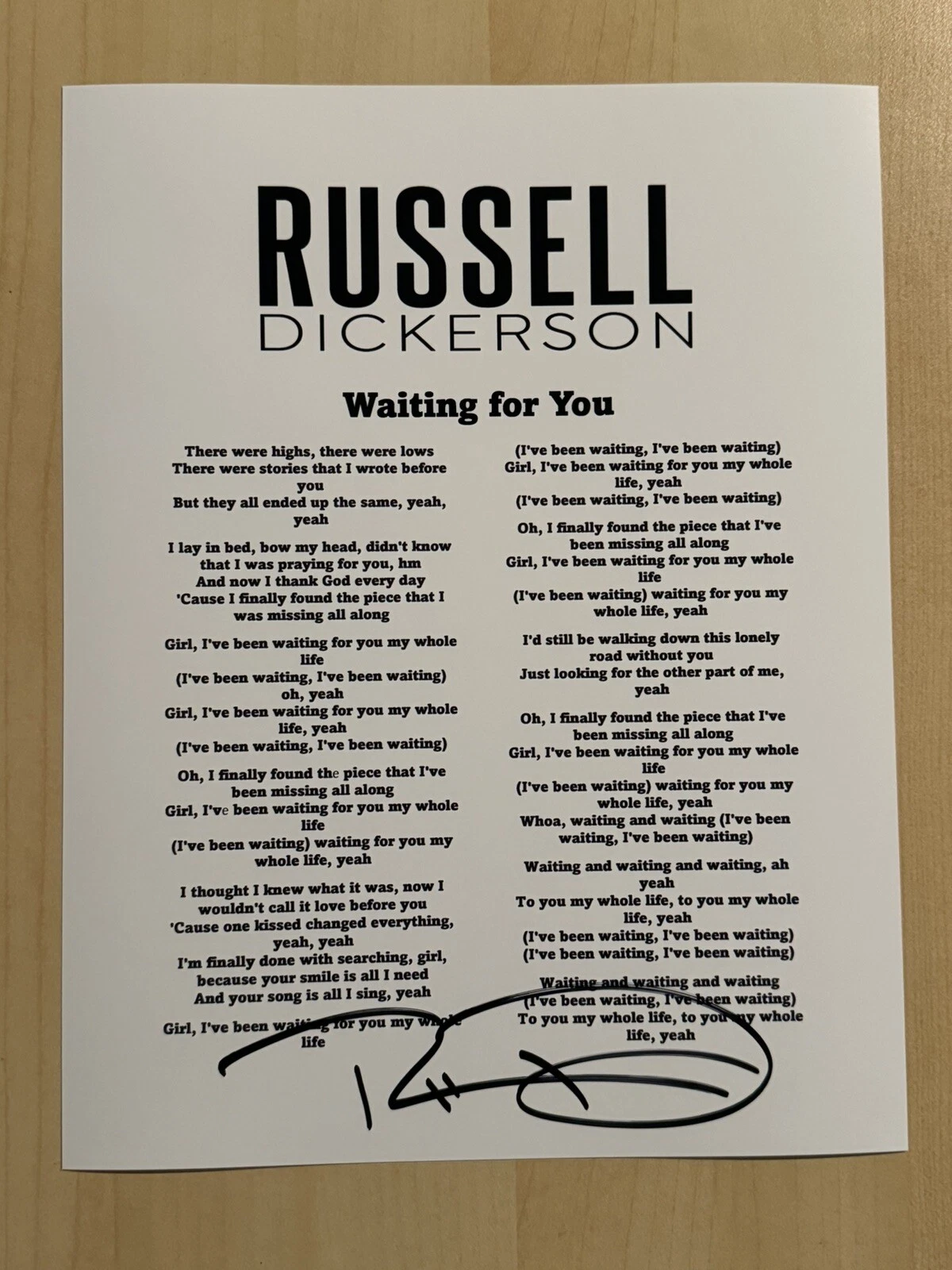 RUSSELL DICKERSON SIGNED LYRIC SHEET AUTOGRAPHED COUNTRY SINGER STAR RARE COA