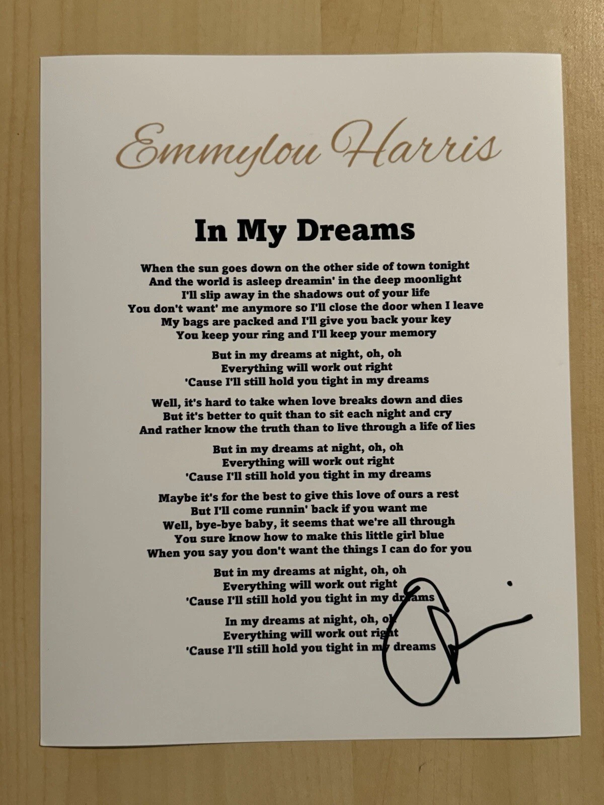 EMMYLOU HARRIS SIGNED LYRIC SHEET AUTOGRAPHED COUNTRY SINGER LEGEND RARE COA