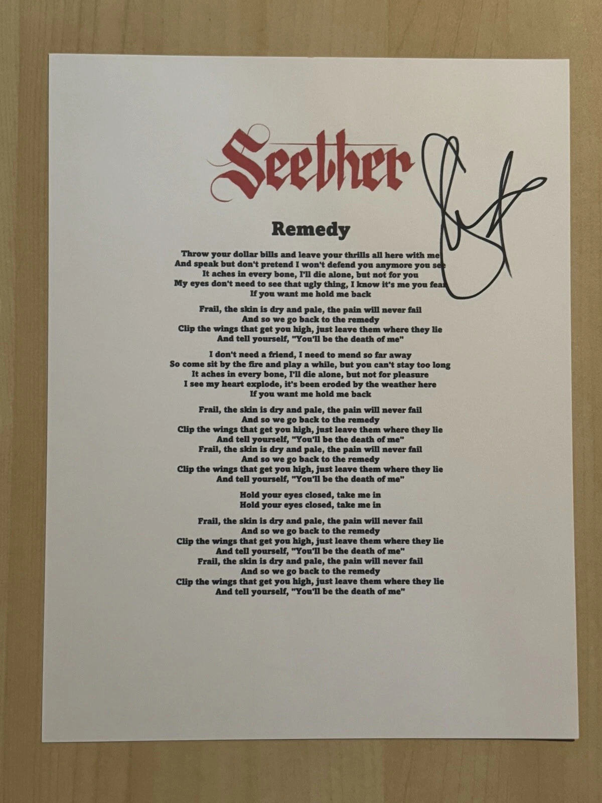 SHAUN MORGAN SEETHER BAND LEAD SINGER SIGNED LYRIC SHEET AUTOGRAPHED RARE COA