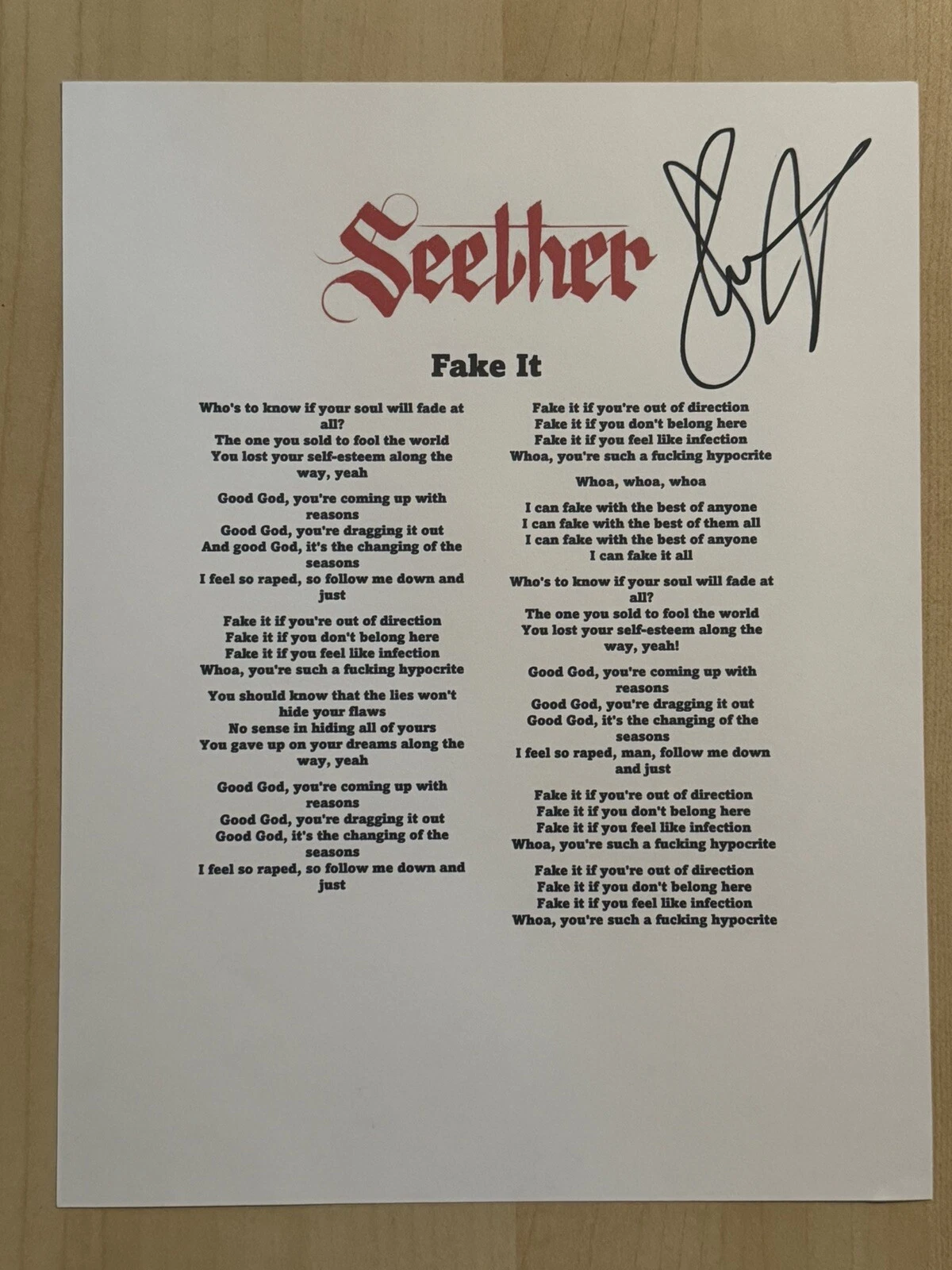 SHAUN MORGAN SEETHER BAND LEAD SINGER SIGNED LYRIC SHEET AUTOGRAPHED RARE COA