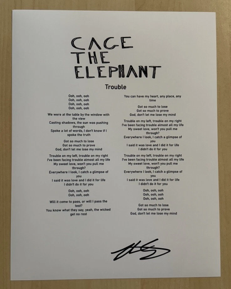 MATT SHULTZ SIGNED LYRIC SHEET AUTOGRAPHED CAGE THE ELEPHANT LEAD SINGER COA