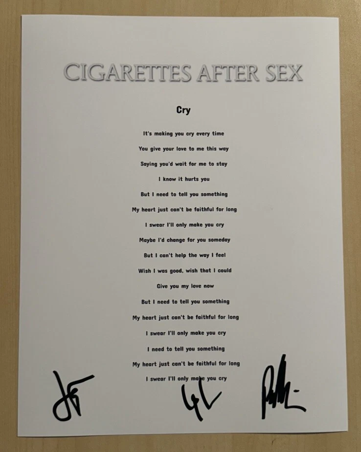 CIGARETTES AFTER SEX FULL BAND SIGNED LYRIC SHEET AUTOGRAPHED GREG GONZALEZ COA