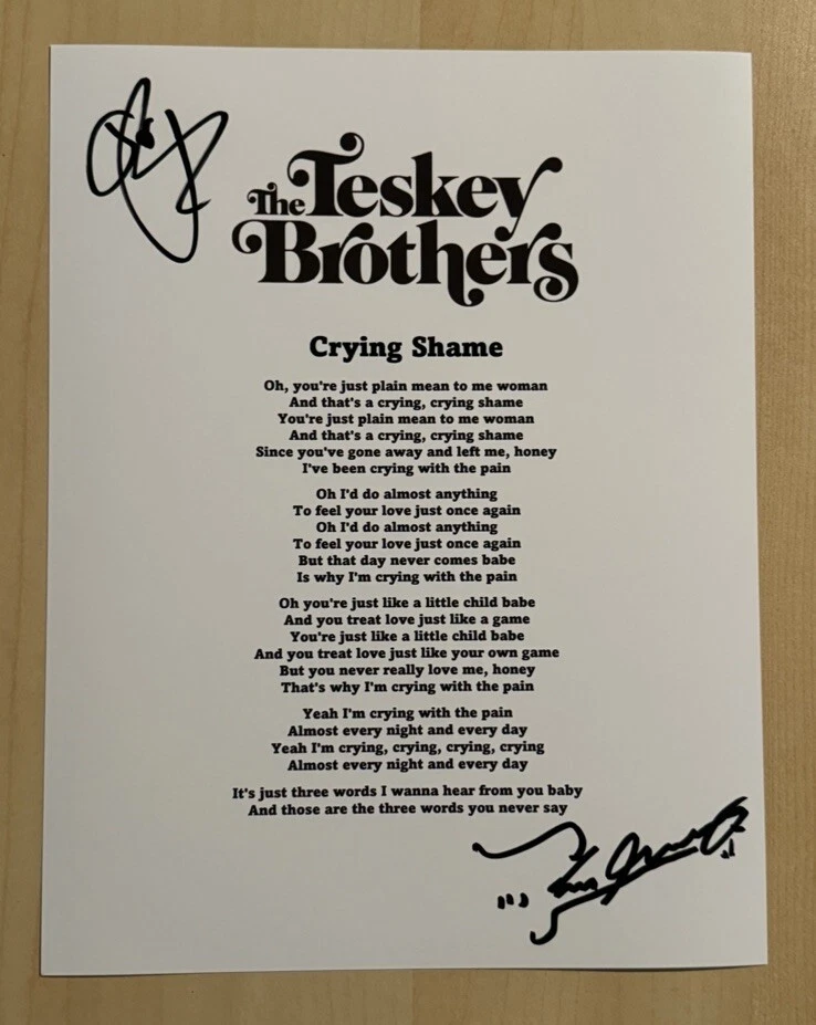 THE TESKEY BROTHERS FULL BAND SIGNED LYRIC SHEET AUTOGRAPHED RARE BLUES ROCK COA