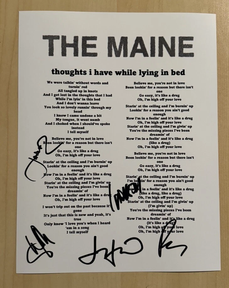 THE MAINE FULL BAND SIGNED LYRIC SHEET AUTOGRAPHED JOHN O’CALLAGHAN RARE COA