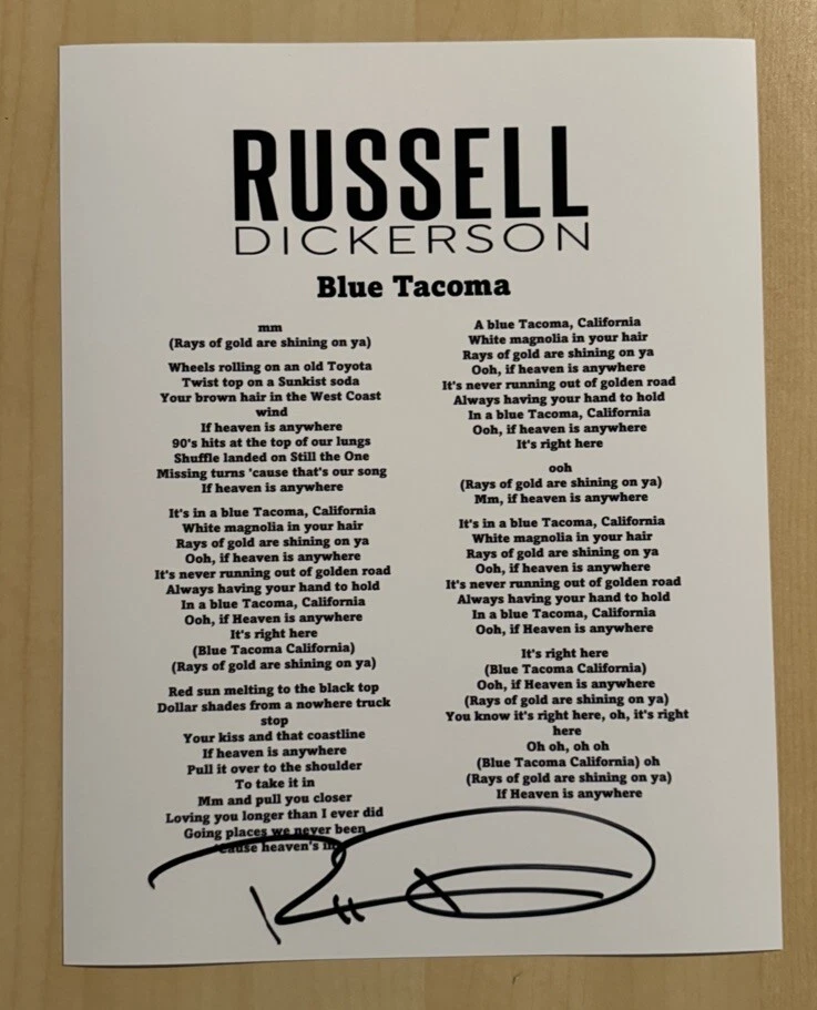 RUSSELL DICKERSON SIGNED LYRIC SHEET AUTOGRAPHED COUNTRY SINGER STAR RARE COA