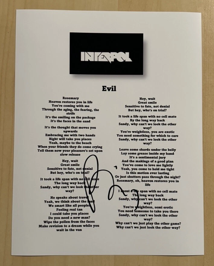 PAUL BANKS SIGNED LYRIC SHEET AUTOGRAPHED INTERPOL BAND LEAD SINGER COA