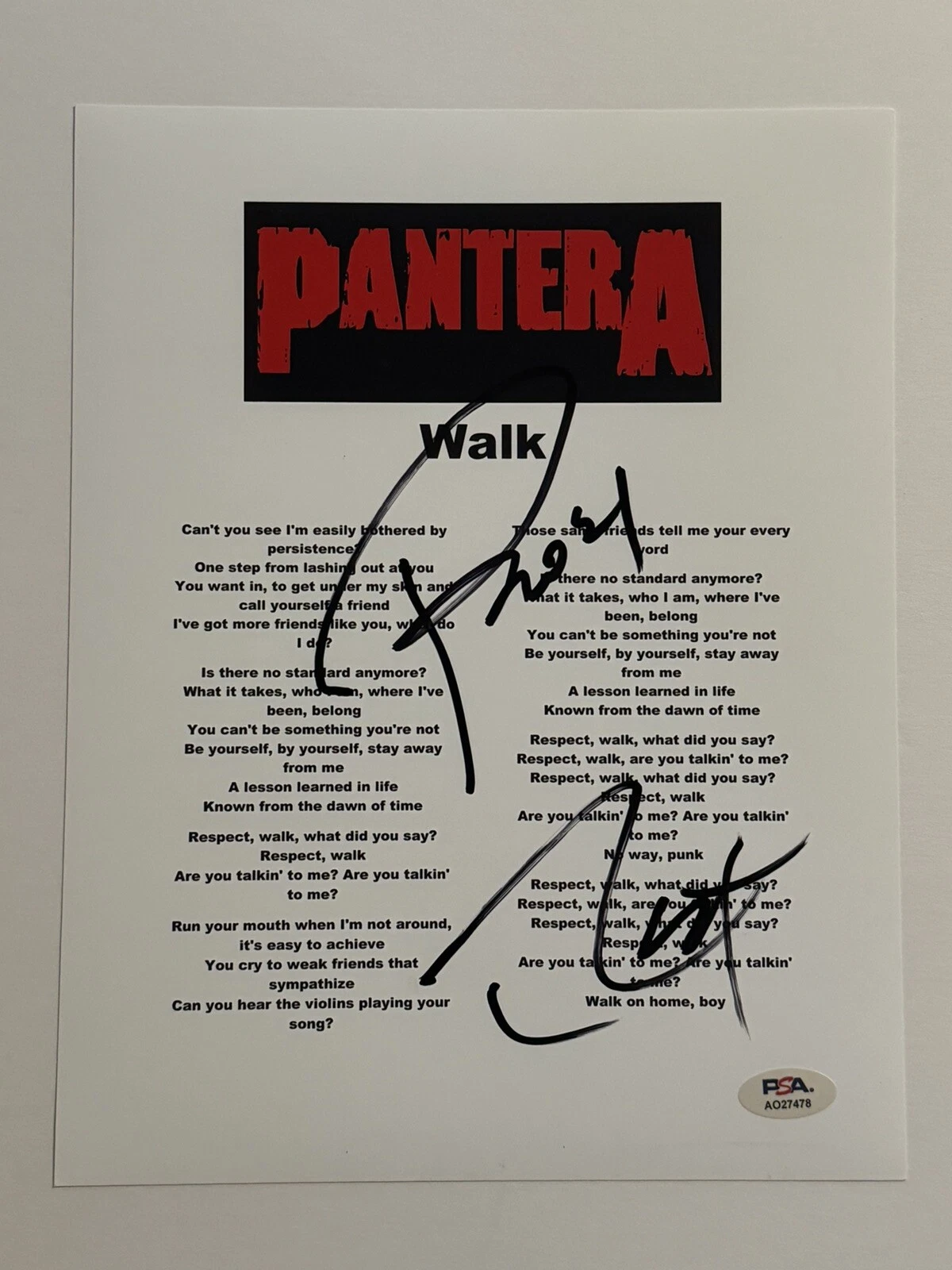 PHIL ANSELMO & REX BROWN SIGNED LYRIC SHEET AUTOGRAPHED PANTERA BAND PSA COA
