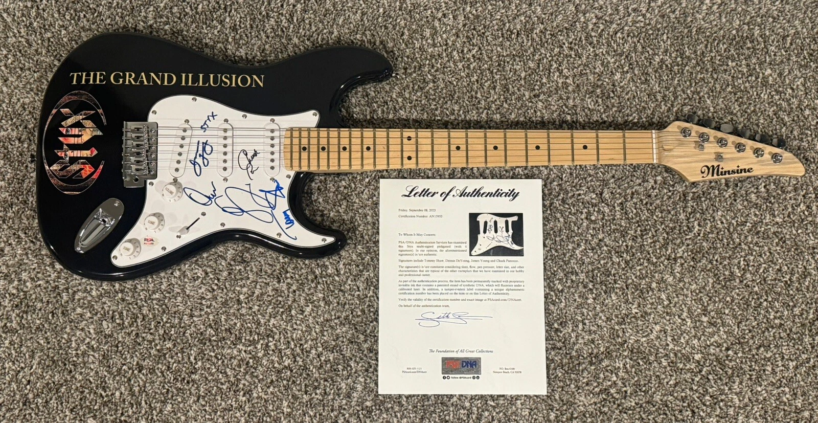 STYX FULL BAND SIGNED CUSTOM GUITAR DENNIS DEYOUNG AUTOGRAPHED PSA LETTER COA