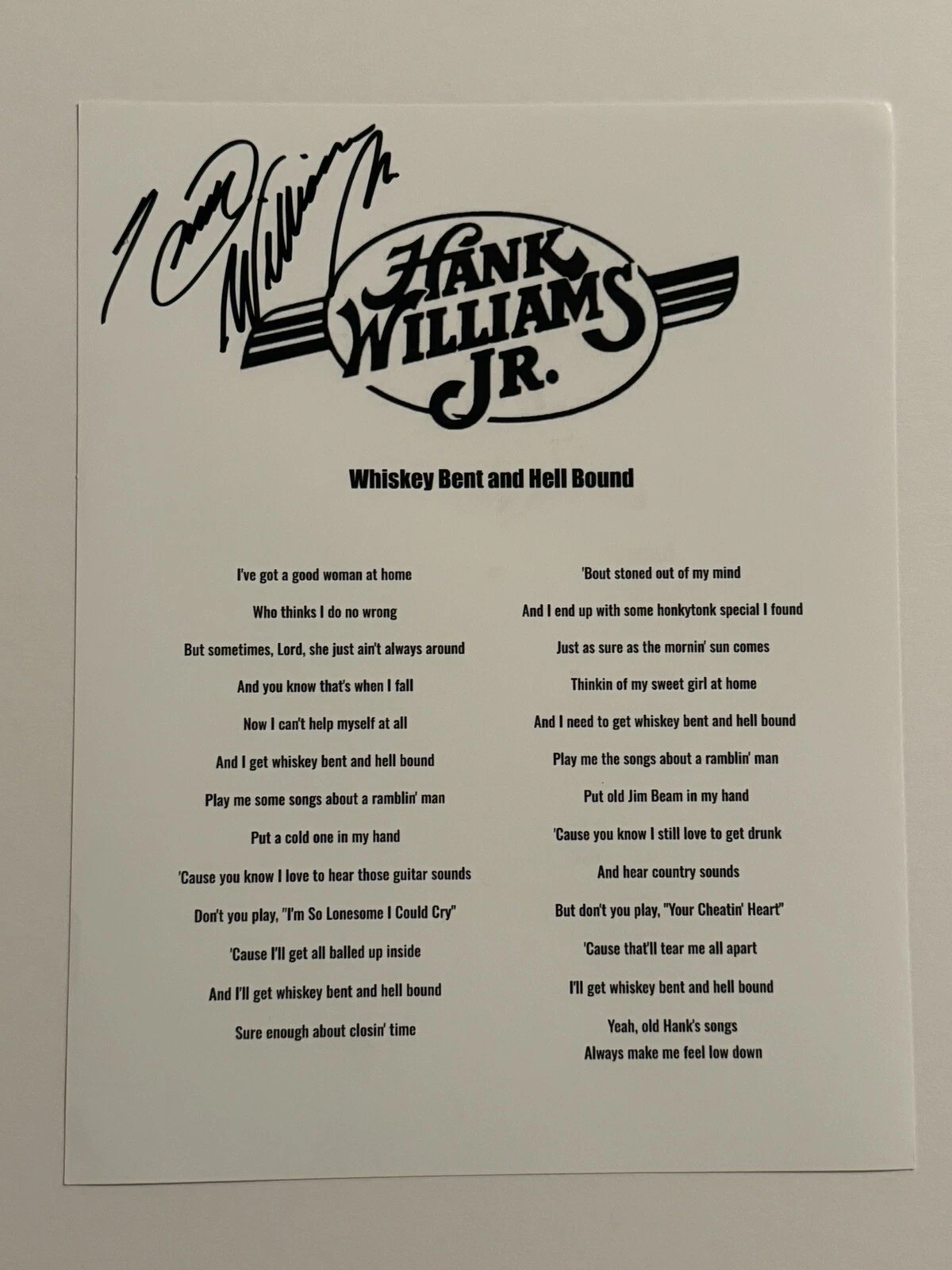 HANK WILLIAMS JR SIGNED LYRIC SHEET AUTOGRAPHED COUNTRY SINGER LEGEND RARE COA