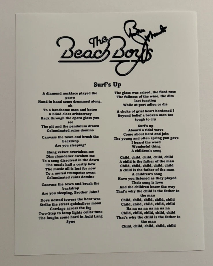 BRUCE JOHNSTON HAND SIGNED LYRIC SHEET AUTOGRAPHED THE BEACH BOYS BAND COA