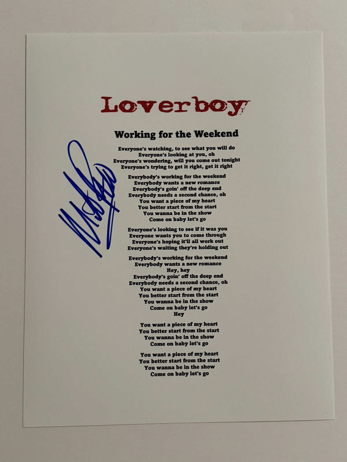 MIKE RENO SIGNED LYRIC SHEET AUTOGRAPHED LOVERBOY BAND LEAD SINGER RARE COA