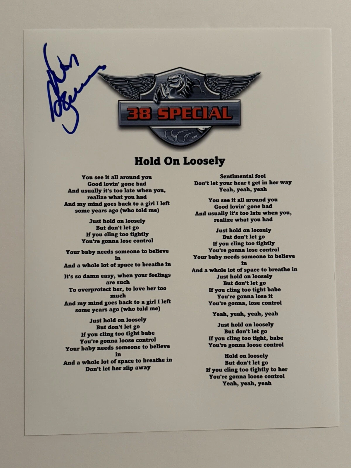 DON BARNES SIGNED LYRIC SHEET AUTOGRAPHED 38 SPECIAL BAND LEAD SINGER RARE COA