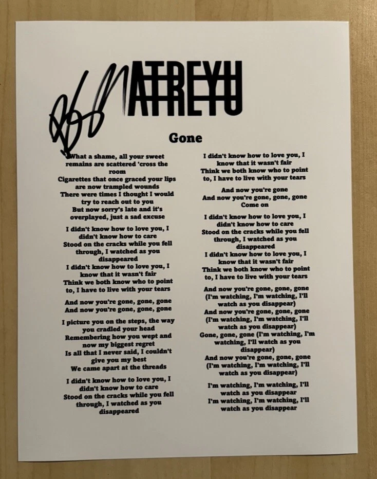 BRANDON SALLER SIGNED LYRIC SHEET AUTOGRAPHED ATREYU BAND LEAD SINGER RARE COA