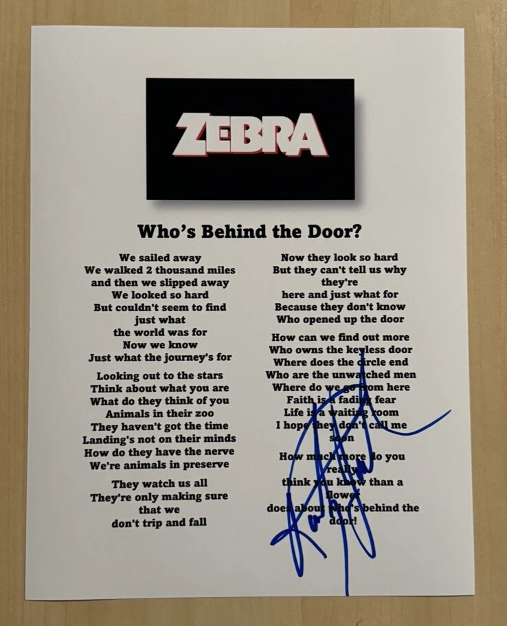 RANDY JACKSON SIGNED LYRIC SHEET AUTOGRAPHED ZEBRA BAND LEAD SINGER RARE COA