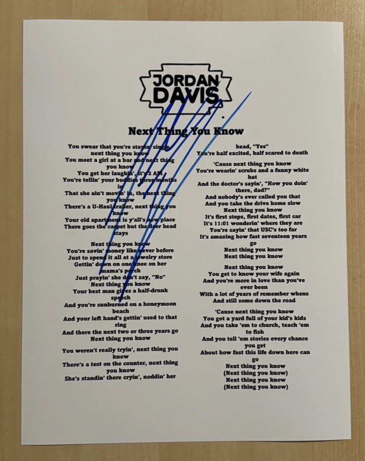 JORDAN DAVIS SIGNED LYRIC SHEET AUTOGRAPHED COUNTRY SINGER STAR RARE COA