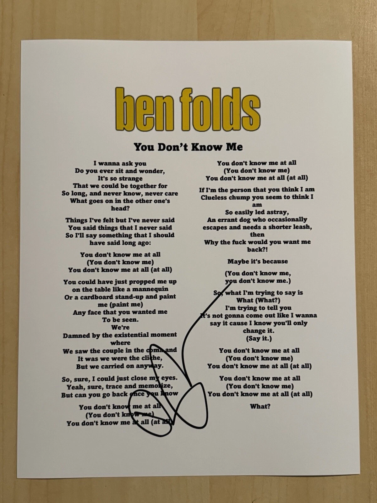 BEN FOLDS SIGNED LYRIC SHEET AUTOGRAPHED PIANIST SINGER LEGEND COA