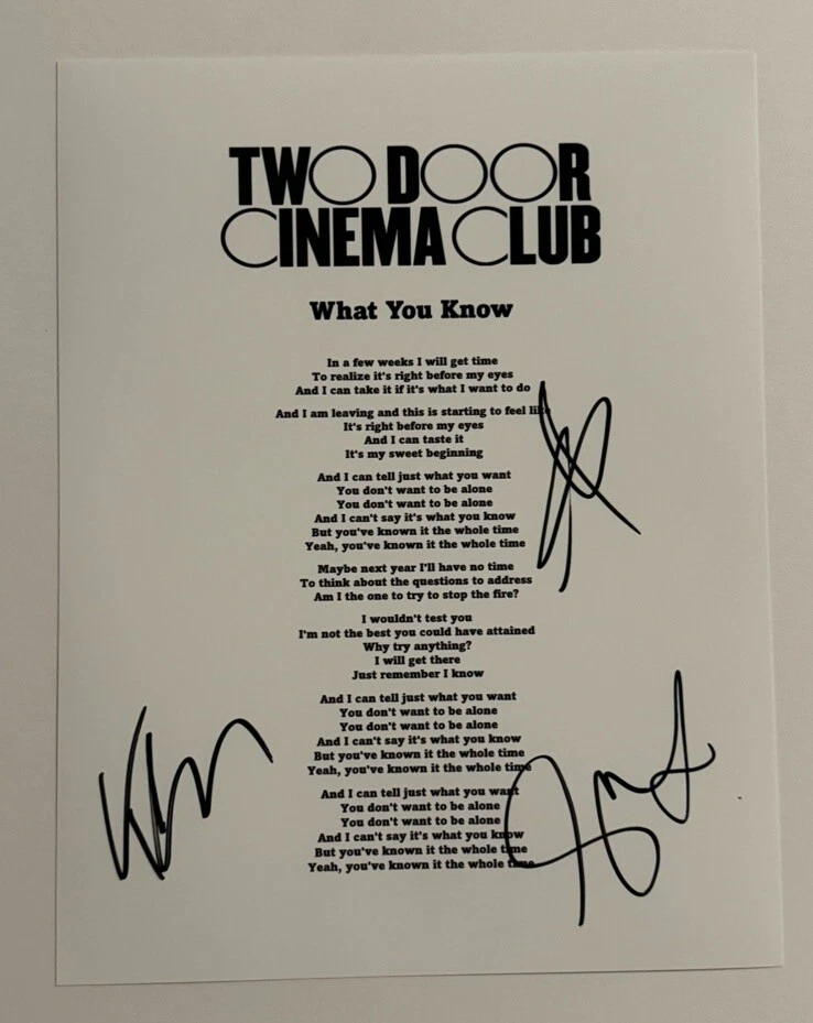 TWO DOOR CINEMA CLUB FULL BAND SIGNED LYRIC SHEET AUTOGRAPHED VERY RARE COA