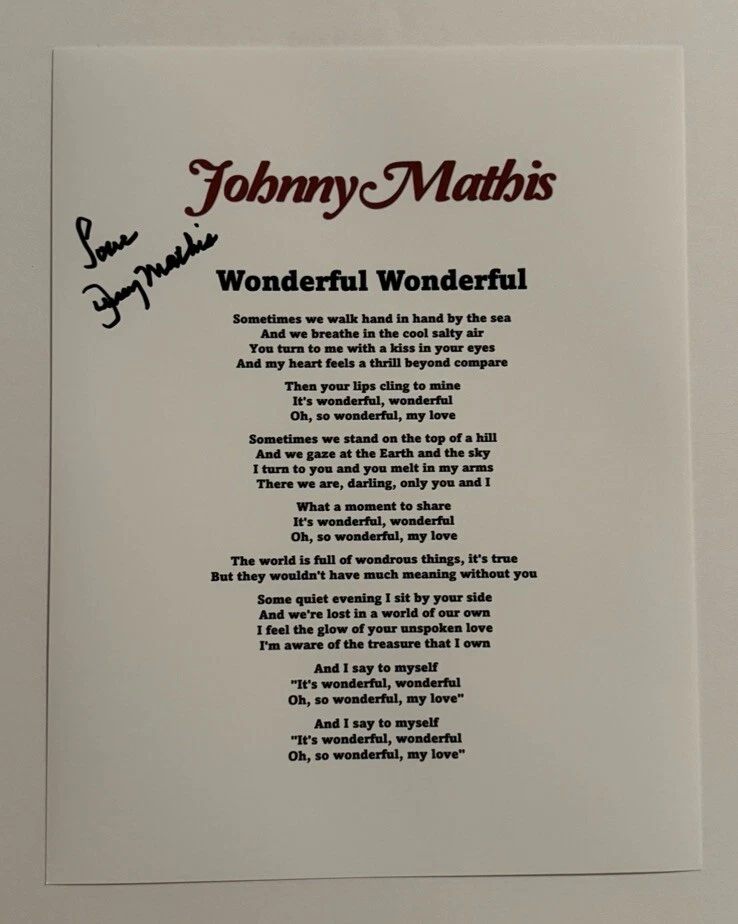 JOHNNY MATHIS SIGNED LYRIC SHEET AUTOGRAPHED LEGENDARY SINGER RARE COA