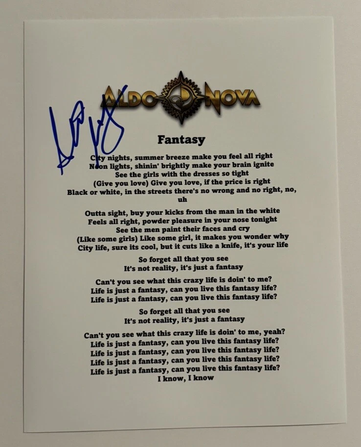 ALDO NOVA SIGNED FANTASY LYRIC SHEET AUTOGRAPHED LEGENDARY ROCK SINGER RARE COA