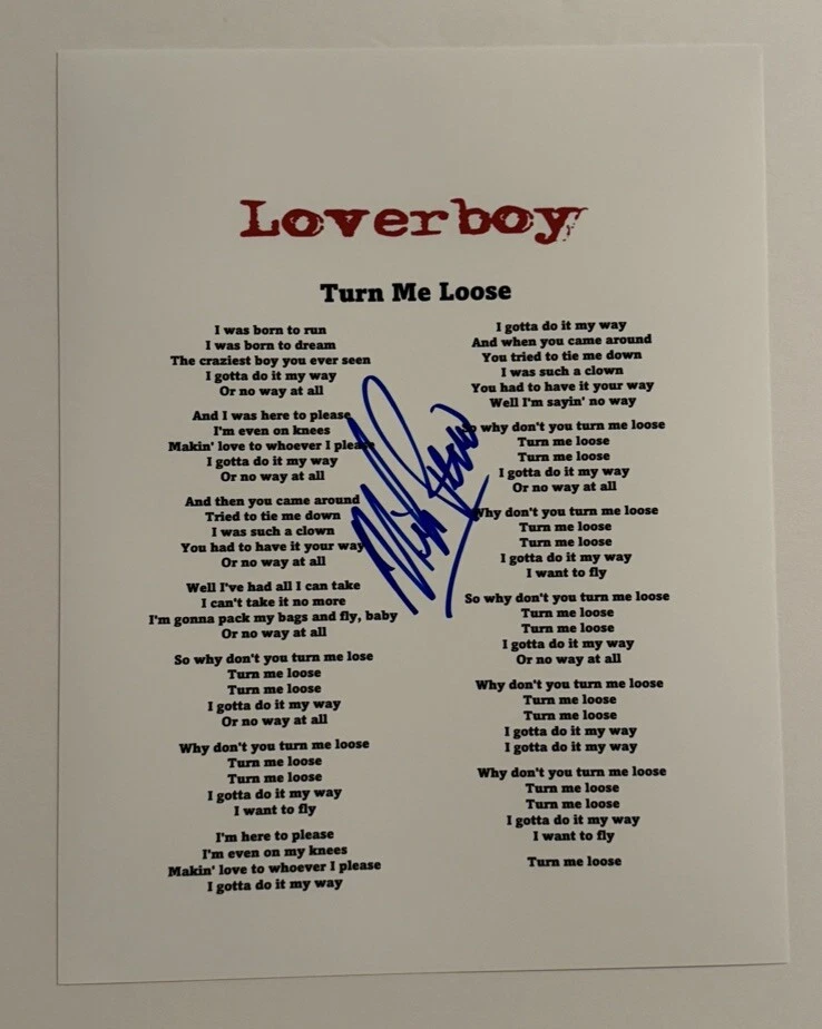 MIKE RENO SIGNED LYRIC SHEET AUTOGRAPHED LOVERBOY BAND LEAD SINGER RARE COA