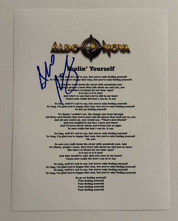 ALDO NOVA SIGNED LYRIC SHEET AUTOGRAPHED LEGENDARY ROCK SINGER RARE COA