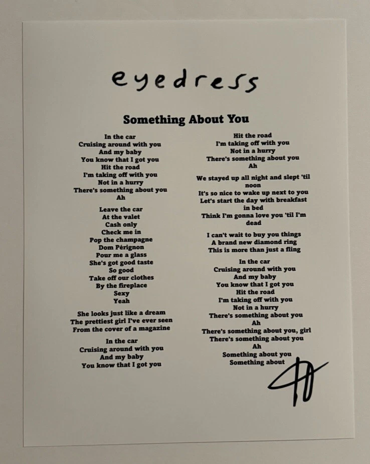 EYEDRESS SIGNED LYRIC SHEET AUTOGRAPHED INDIE SINGER VERY RARE COA
