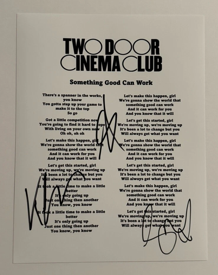 TWO DOOR CINEMA CLUB FULL BAND SIGNED LYRIC SHEET AUTOGRAPHED VERY RARE COA