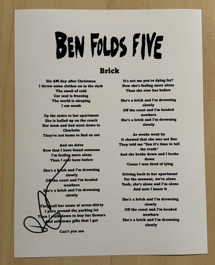 BEN FOLDS SIGNED LYRIC SHEET AUTOGRAPHED PIANIST SINGER LEGEND COA