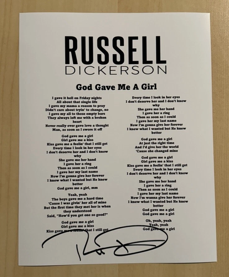 RUSSELL DICKERSON SIGNED LYRIC SHEET AUTOGRAPHED COUNTRY SINGER STAR RARE COA