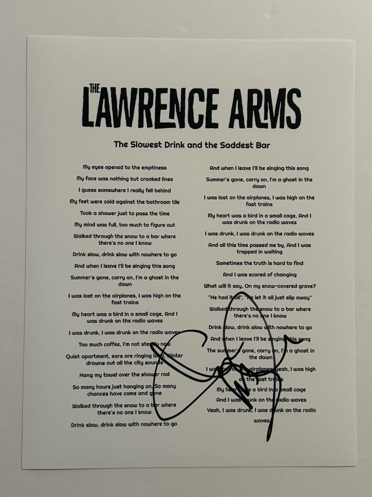 CHRIS MCCAUGHAN SIGNED LYRIC SHEET AUTOGRAPHED THE LAWRENCE ARMS BAND SINGER COA
