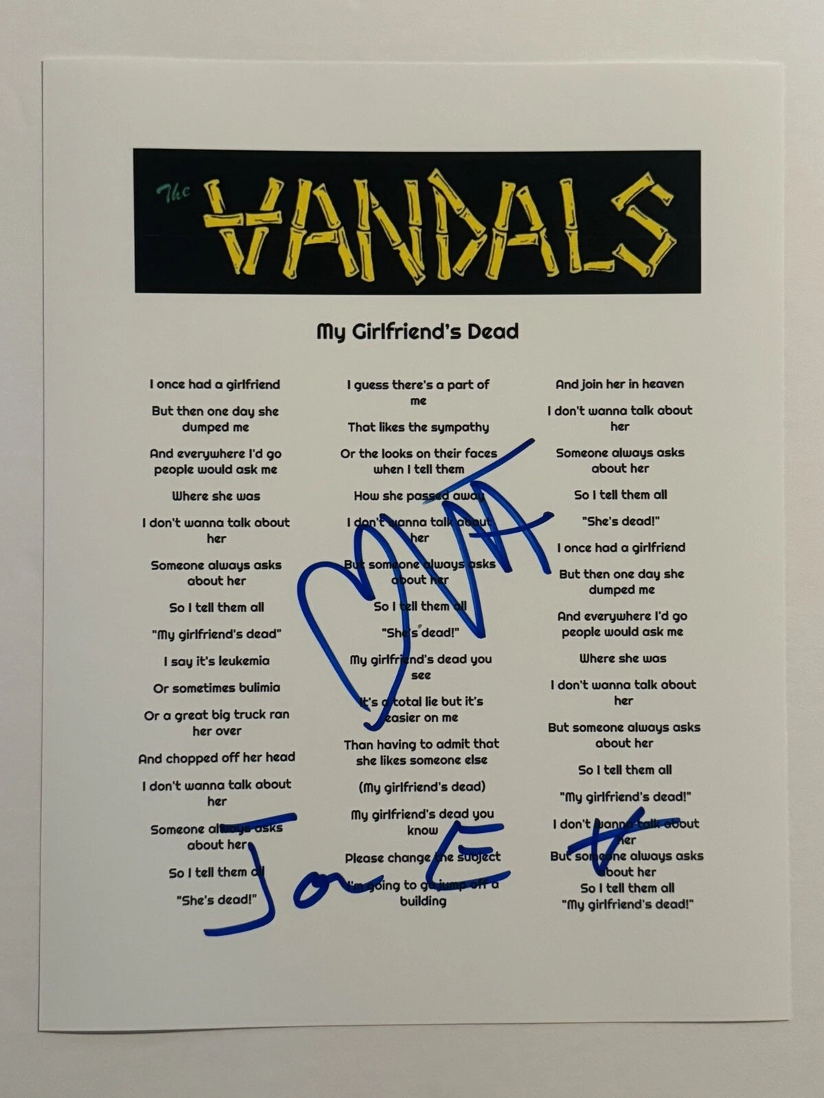 JOE ESCALANTE & WARREN FITZGERALD SIGNED LYRIC SHEET THE VANDALS BAND COA