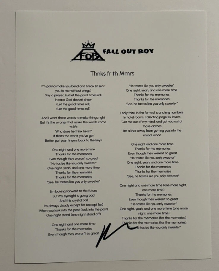 PATRICK STUMP SIGNED LYRIC SHEET AUTOGRAPHED FALL OUT BOY BAND LEAD SINGER COA