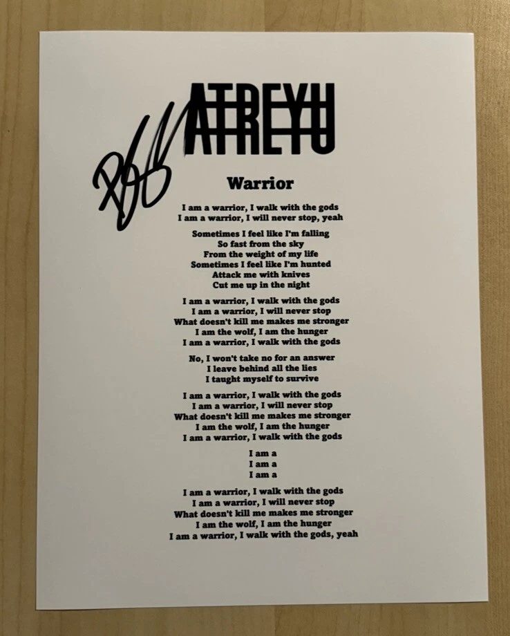 BRANDON SALLER SIGNED LYRIC SHEET AUTOGRAPHED ATREYU BAND LEAD SINGER RARE COA