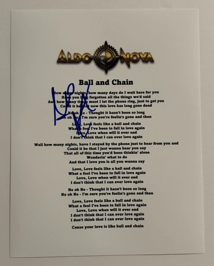ALDO NOVA SIGNED LYRIC SHEET AUTOGRAPHED LEGENDARY ROCK SINGER RARE COA