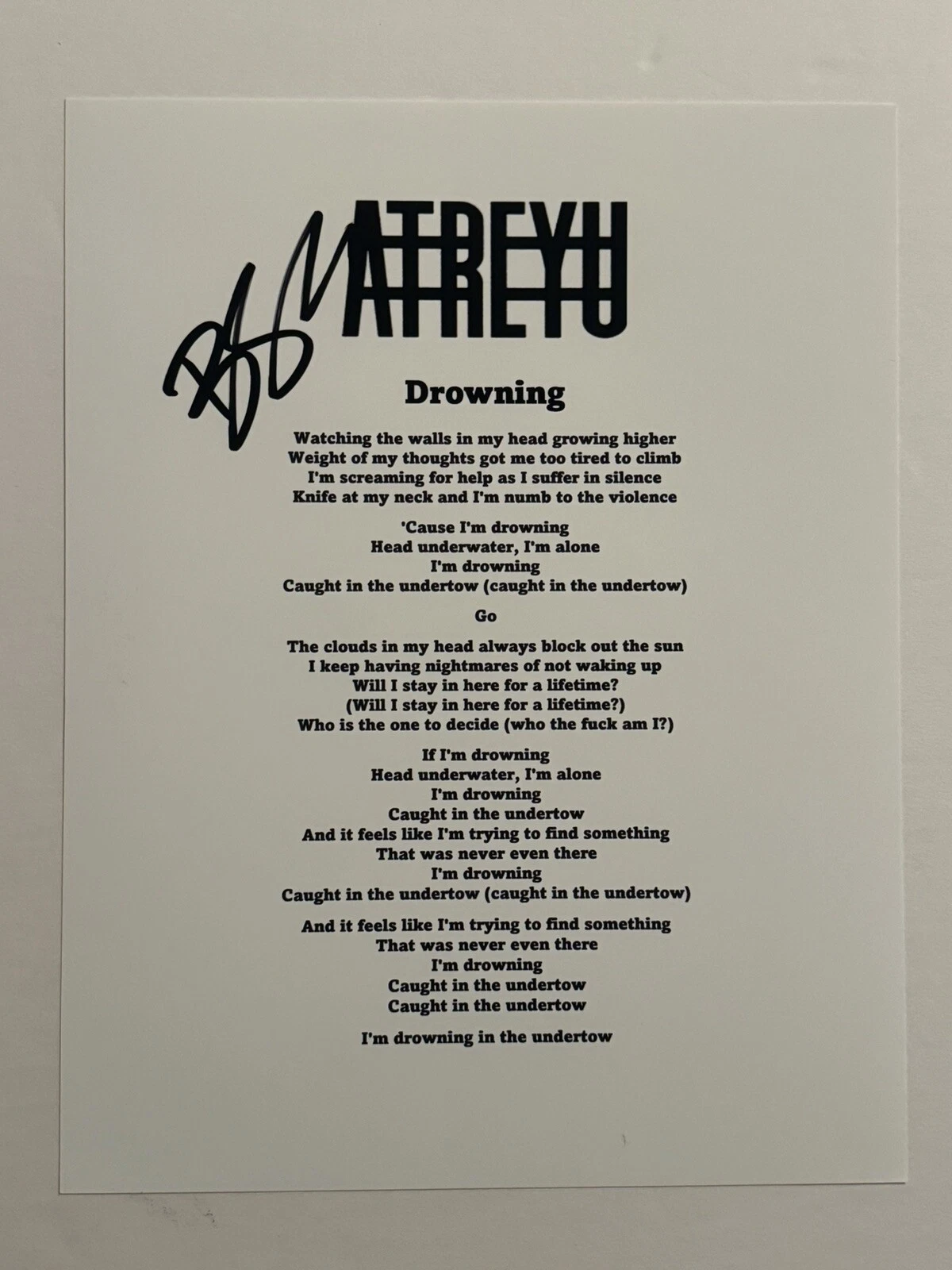 BRANDON SALLER SIGNED LYRIC SHEET AUTOGRAPHED ATREYU BAND LEAD SINGER RARE COA