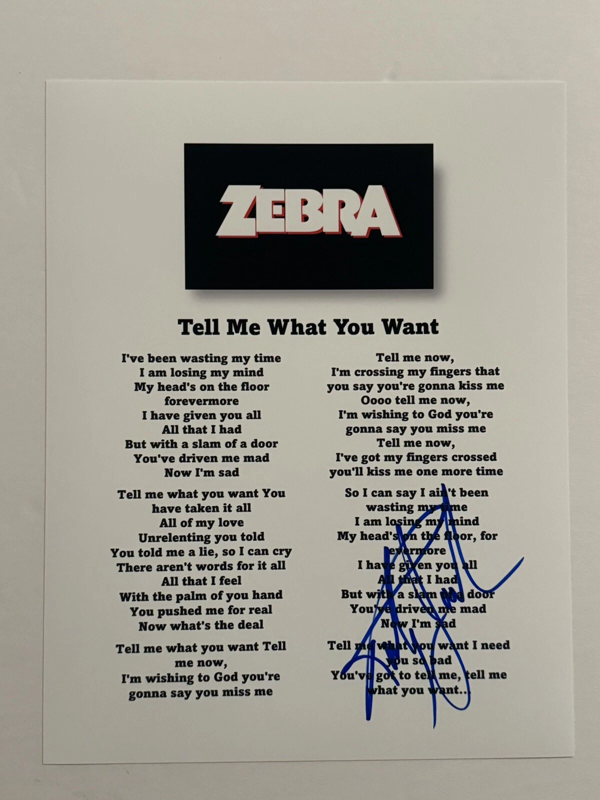 RANDY JACKSON SIGNED LYRIC SHEET AUTOGRAPHED ZEBRA BAND LEAD SINGER RARE COA