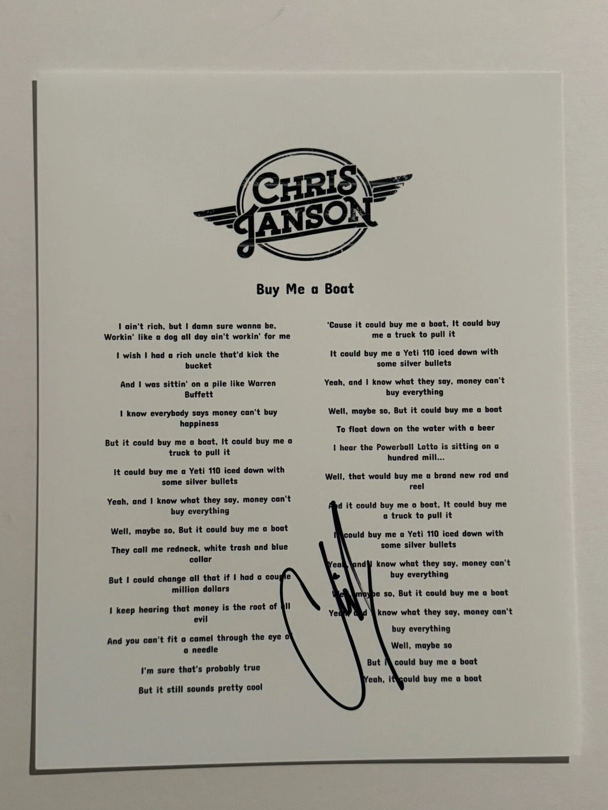 CHRIS JANSON SIGNED LYRIC SHEET AUTOGRAPHED COUNTRY SINGER STAR RARE COA