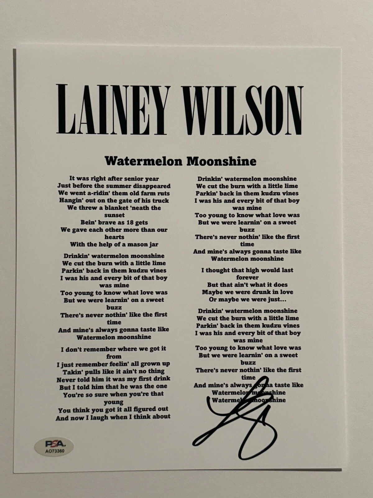 LAINEY WILSON SIGNED LYRIC SHEET AUTOGRAPHED HOT COUNTRY MUSIC SINGER PSA COA