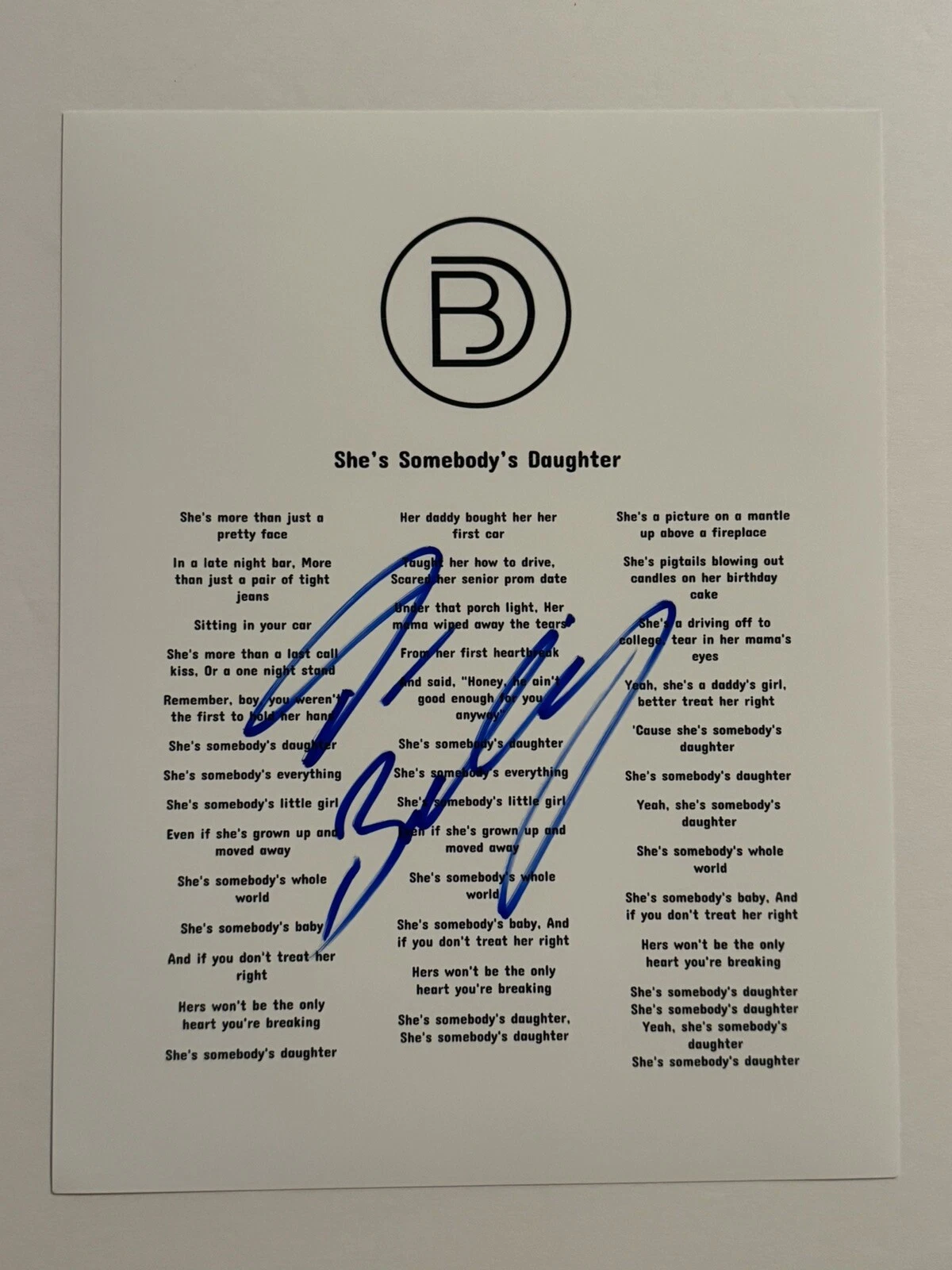 DREW BALDRIDGE SIGNED LYRIC SHEET AUTOGRAPHED COUNTRY SINGER STAR RARE COA