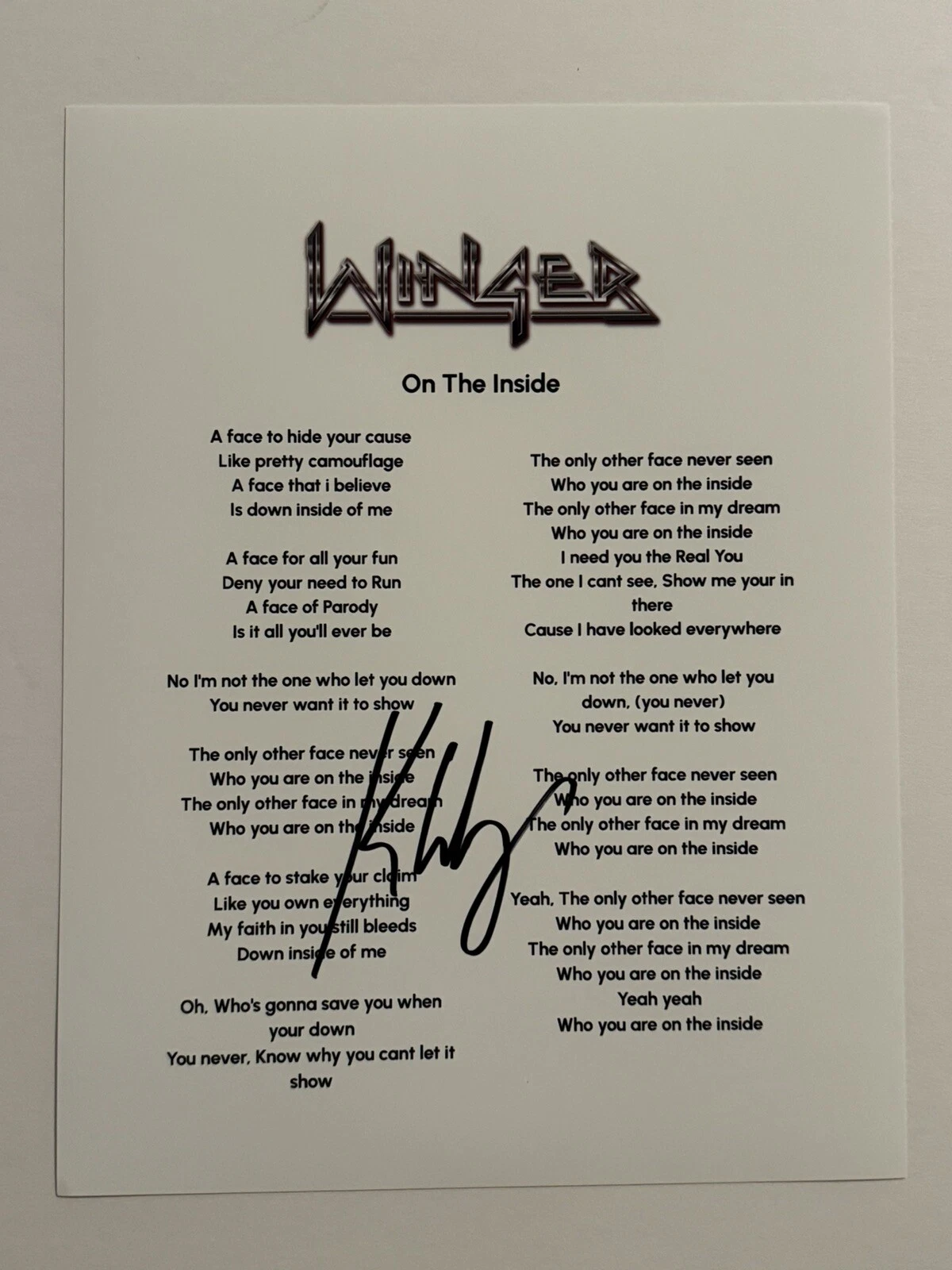 KIP WINGER SIGNED LYRIC SHEET AUTOGRAPHED WINGER BAND LEAD SINGER RARE COA
