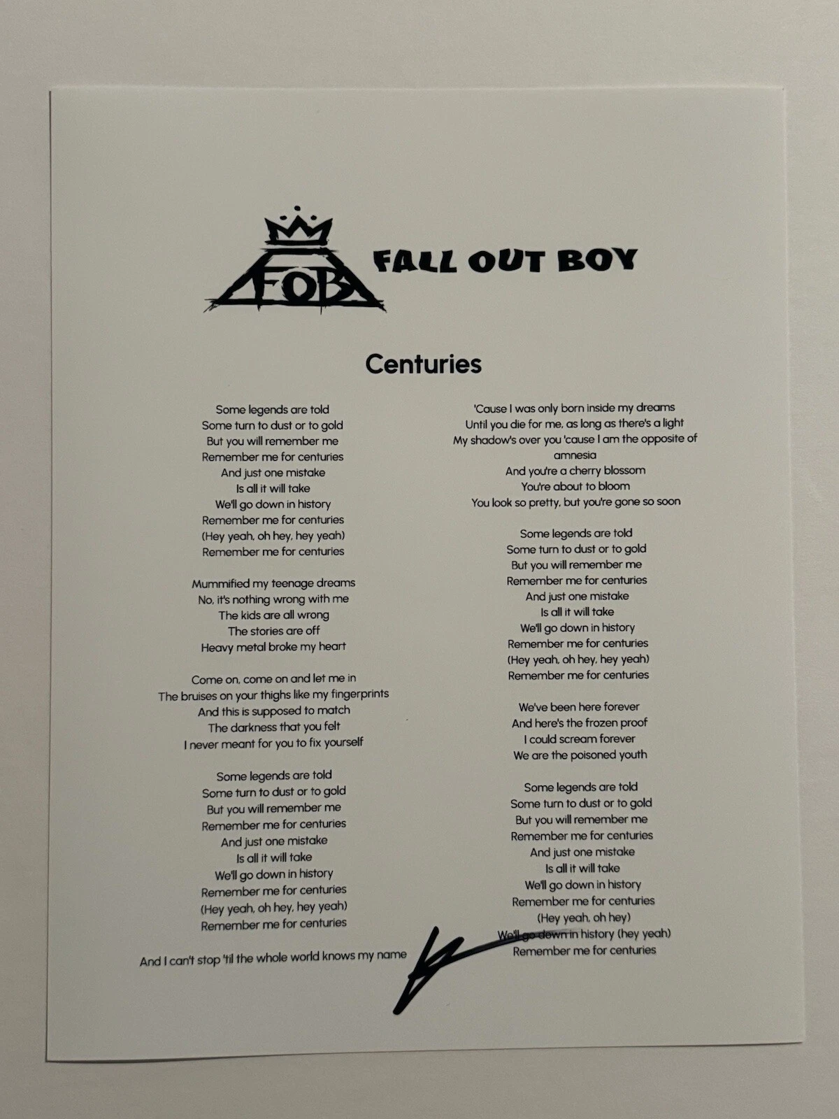 PATRICK STUMP SIGNED LYRIC SHEET AUTOGRAPHED FALL OUT BOY BAND LEAD SINGER COA