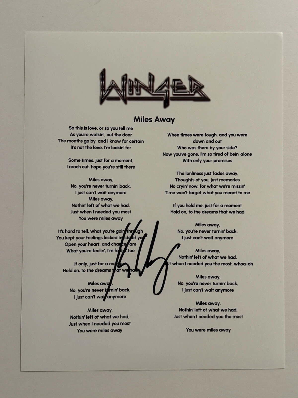 KIP WINGER SIGNED LYRIC SHEET AUTOGRAPHED WINGER BAND LEAD SINGER RARE COA