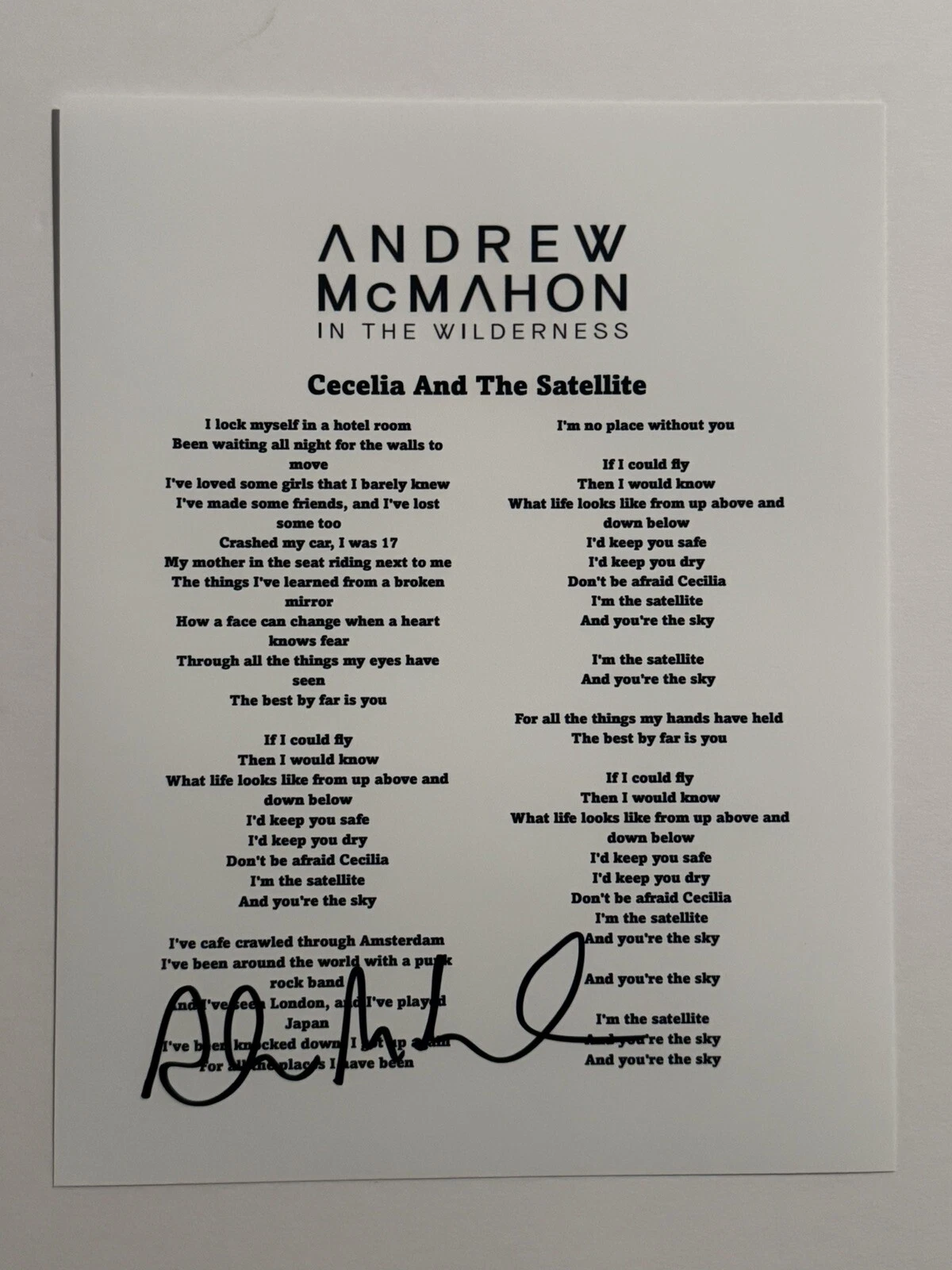 ANDREW MCMAHON SIGNED LYRIC SHEET AUTOGRAPHED IN THE WILDERNESS SINGER RARE COA